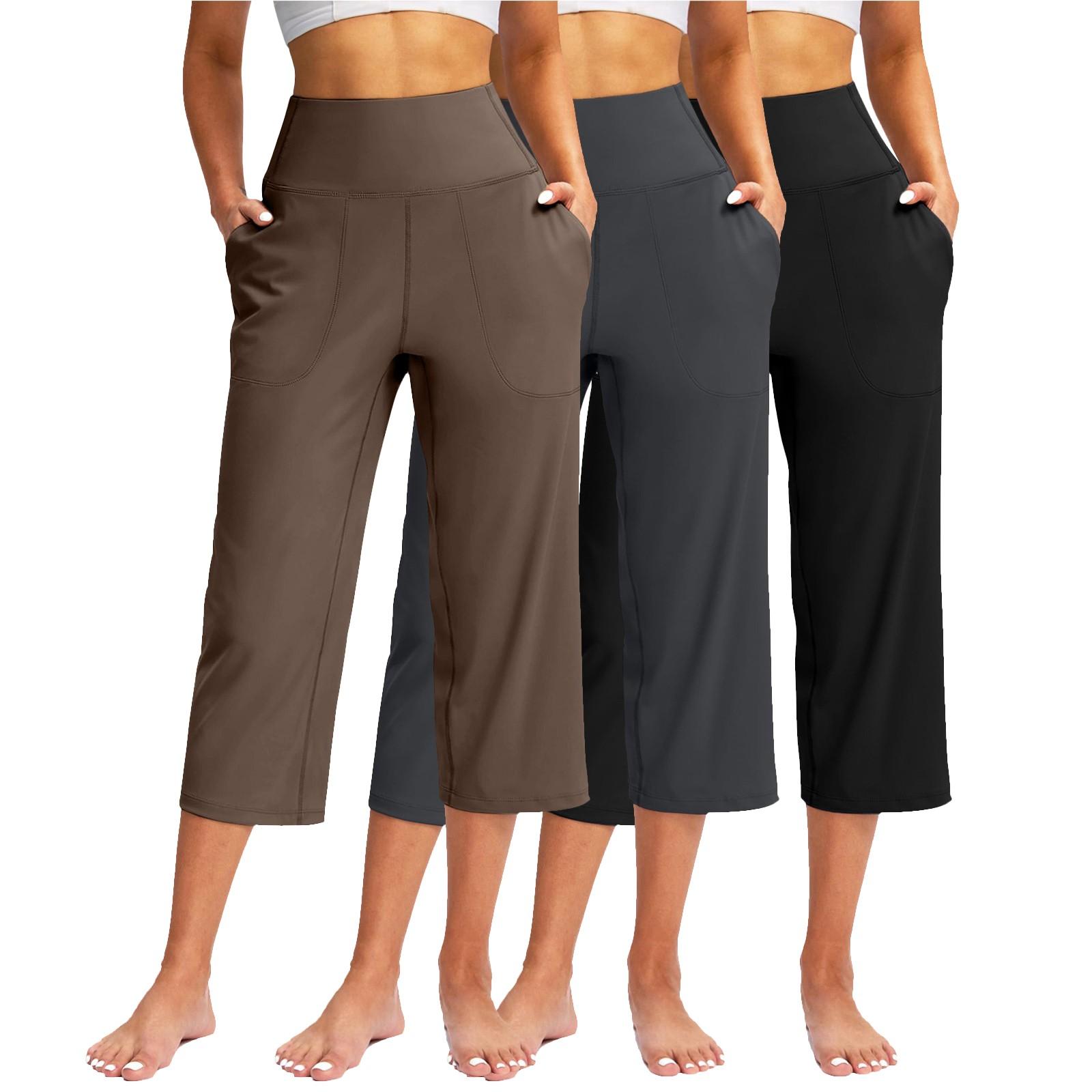 

3 Pack Women Elastic High Waist 3/4 Pant Casual Fit Wide Capris Leg Pants Trousers With Pockets XXL коричневий