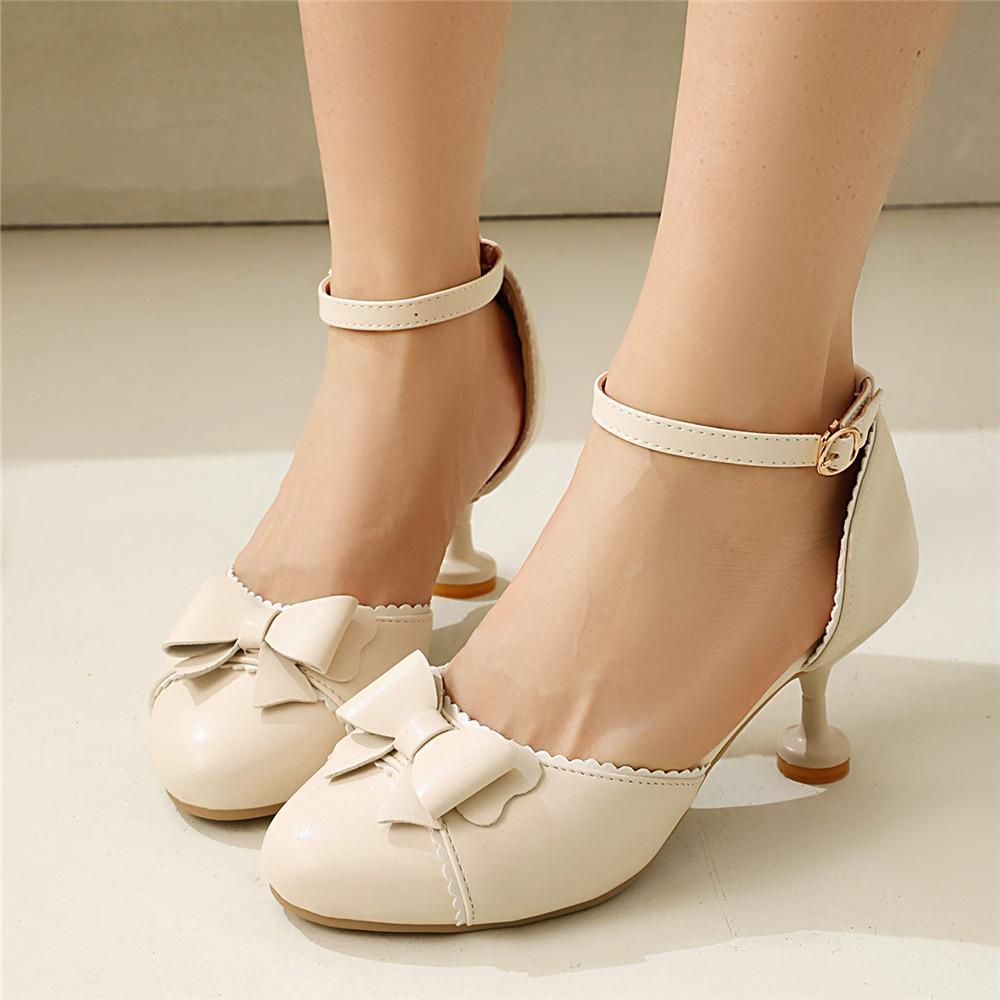 Fashion Spring Sweet Women Hght Heels Sandals Fashion Pink Beige Black Heels Wrap Toe Lolita Pumps For Girls Bow-tied Party Dress Shoes