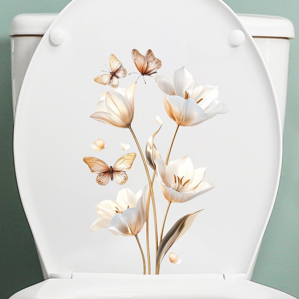 3D Realistic Flower & Butterfly Toilet and Window Stickers, Lifelike Waterproof Removable Bathroom Wall Decals