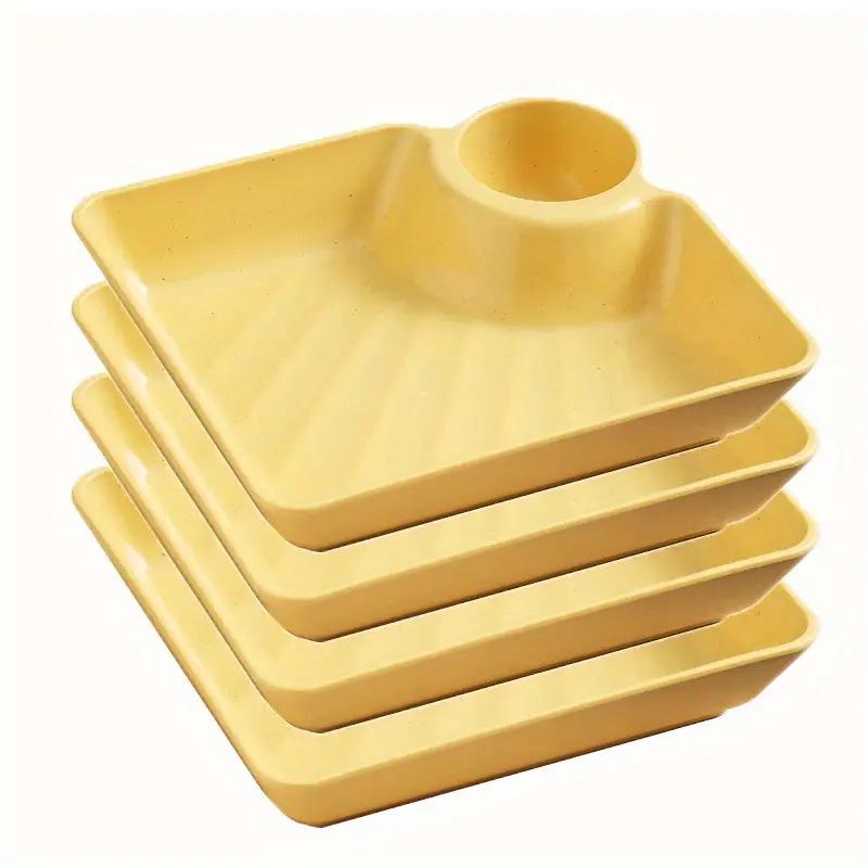 4Pcs Dumpling Plates With Sauce Dipping Compartment Square Plastic Serving Tray Tableware