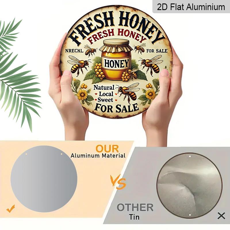 2D Flat Retro Fresh Honey Discount Aluminum Wall Logo-8x8 Inch Country Farmhouse Decoration with Bee and Jar Art, Humorous Kitchen Plaque Suitable