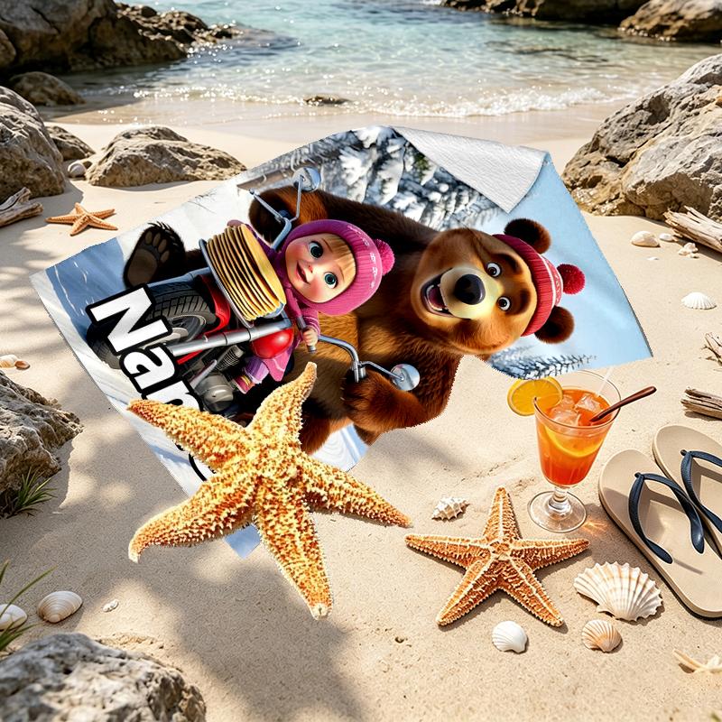 Asciugamano da Spiaggia Personalizzato con Nome Masha e Orso, per Viaggio Campeggio Festa in Spiaggia Decorazione Casa, Regalo di Compleanno per Famiglia e Amici