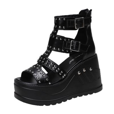 Fashion 10CM Gladiator Wedge Sandals Women's New Summer Fish Mouth Hollow Waterproof Rivet Platform Heightened Roman Sandals Punk Boots