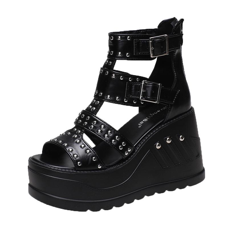 Fashion 10CM Gladiator Wedge Sandals Women's New Summer Fish Mouth Hollow Waterproof Rivet Platform Heightened Roman Sandals Punk Boots