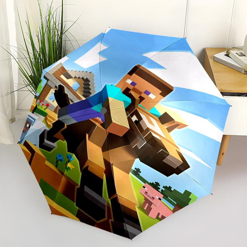 Minecraft5 Print Automatic Umbrella, 8 Rib Iron Frame, Plastic Handle, Suitable for Outdoor Travel &Daily , Ideal Gift