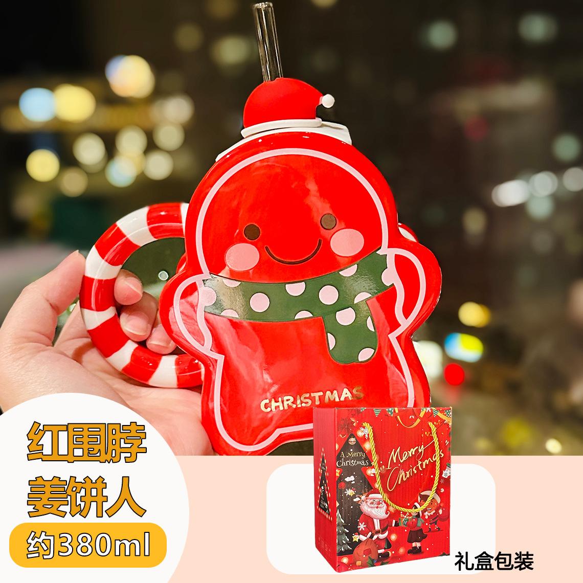 

Cartoon Christmas Gift Gingerbread Man Shape Ceramic Mug With Lid Girl Heart Household Straw Cup Souvenir 380ml