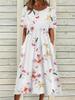 O Neck Print Flowe Dress Middle Waist Elegant Large Swing Type Dress for Women Short Sleeve Loose Dresses Causal Dress