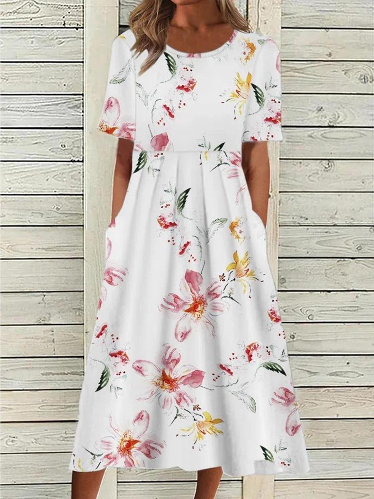 O Neck Print Flowe Dress Middle Waist Elegant Large Swing Type Dress for Women Short Sleeve Loose Dresses Causal Dress