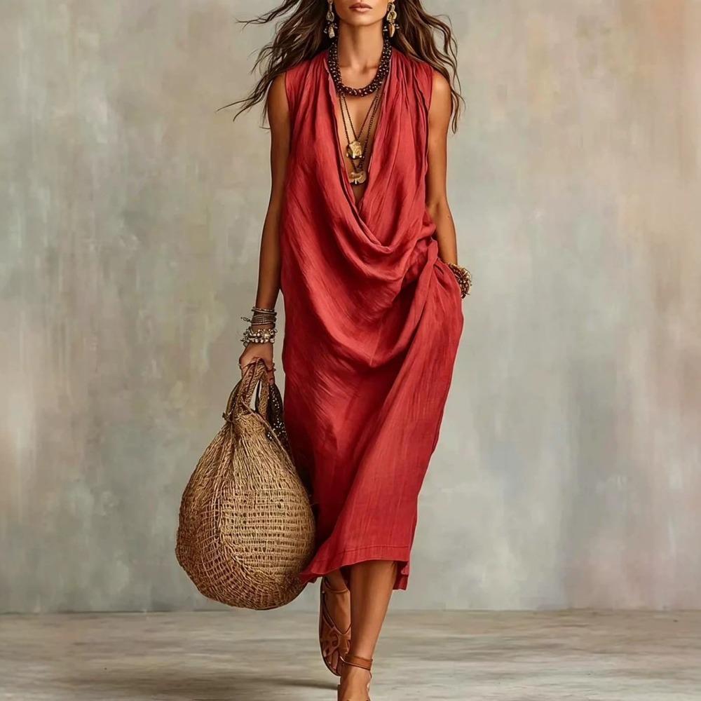 Women s Cowl Neck Sleeveless Loose Maxi Dress Casual Linen Cotton Summer Long Dress S