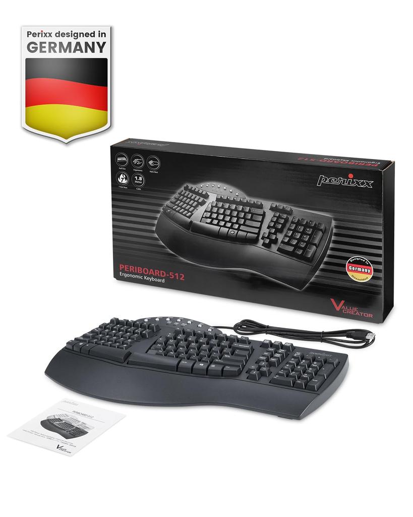 Perixx PERIBOARD-512BUS Ergonomic Keyboard, Wired, English Layout, Full-Size, Separated Left and Right Keyboard, 104 Keys, 3D Curve, Tendonitis