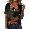 Womens Halloween Print V Neck Short Sleeve Button T Shirt Casual Fashion Top Lightweight Comfortable Fit