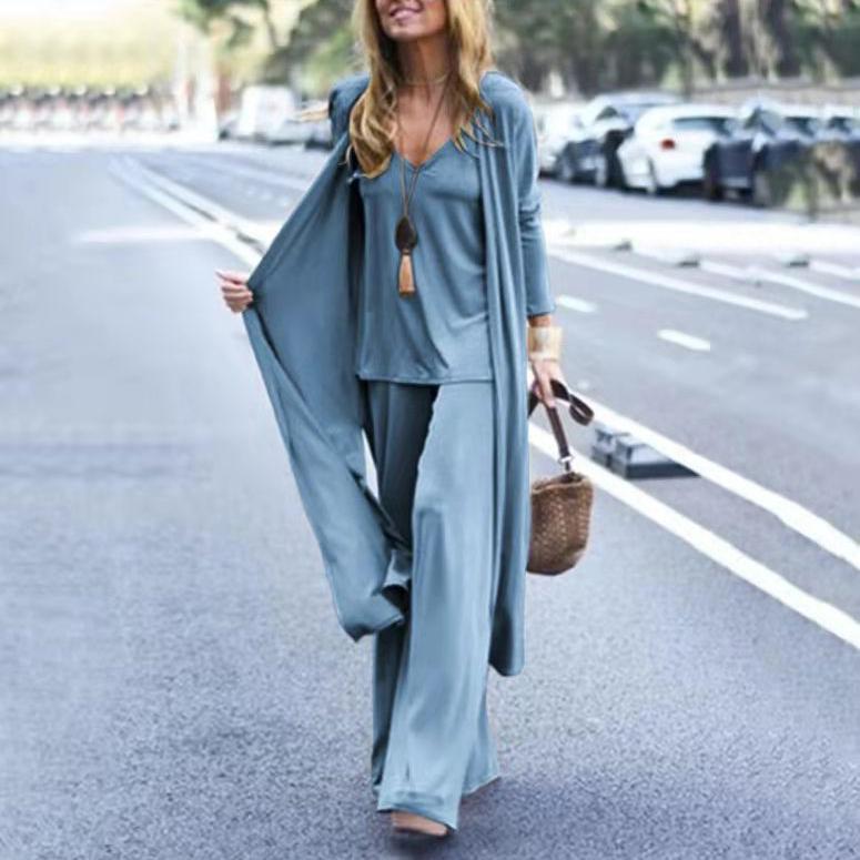 Women Autumn Tracksuits Pant Sets Fashion Casual Set Solid Tank Cardigans Wide Leg Trousers Suit