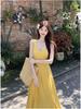 Yellow Retro French A-line Summer Dress with Square Neck and Spaghetti Straps Plus Size