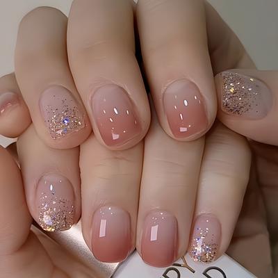 24pcs Set of Glossy Short Square Press-On Nails In Pink Gradient with Glitter Accents - Reusable, Full Cover Acrylic Fake Nails for Women & Girls
