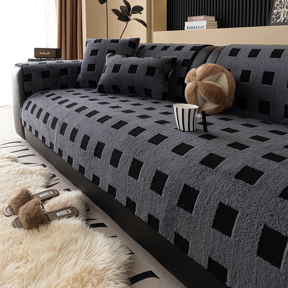 Winter Plush Sofa Cushion Checkered Pattern Soft  Warm Home Protection Cover Anti-Slip Sofa Pad for Living Room Decor Office