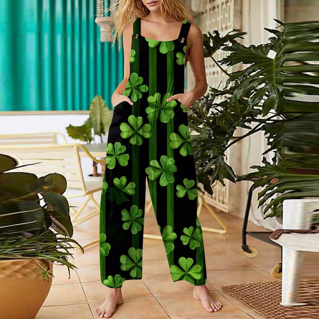 Women's Casual Jumpsuit Sleeveless St. Patrick's Day Printed Cotton Jumpsuit