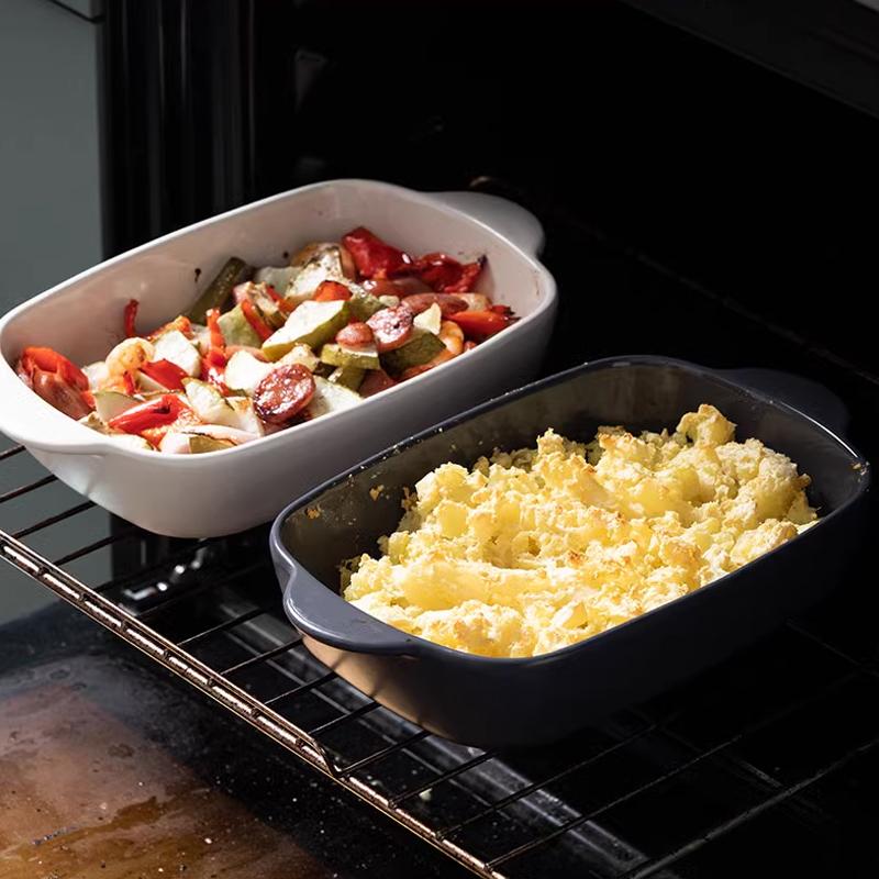 Household Ceramic Baking Plate Rectangular Oven Microwave Oven Special Cheese Baking Rice Plate Household Ears Baking Bowl