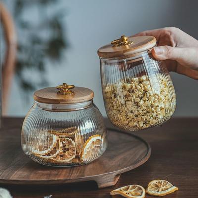 Glass Tea Jar Striped Candy Box with Lid Round Dried Fruit Flower Tea Coffee Bean Dessert Sealed Jar Kitchen Storage Container