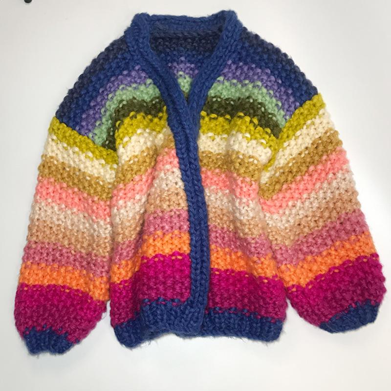 Women's Handmade Chunky Knit Rainbow Stripe Cardigan