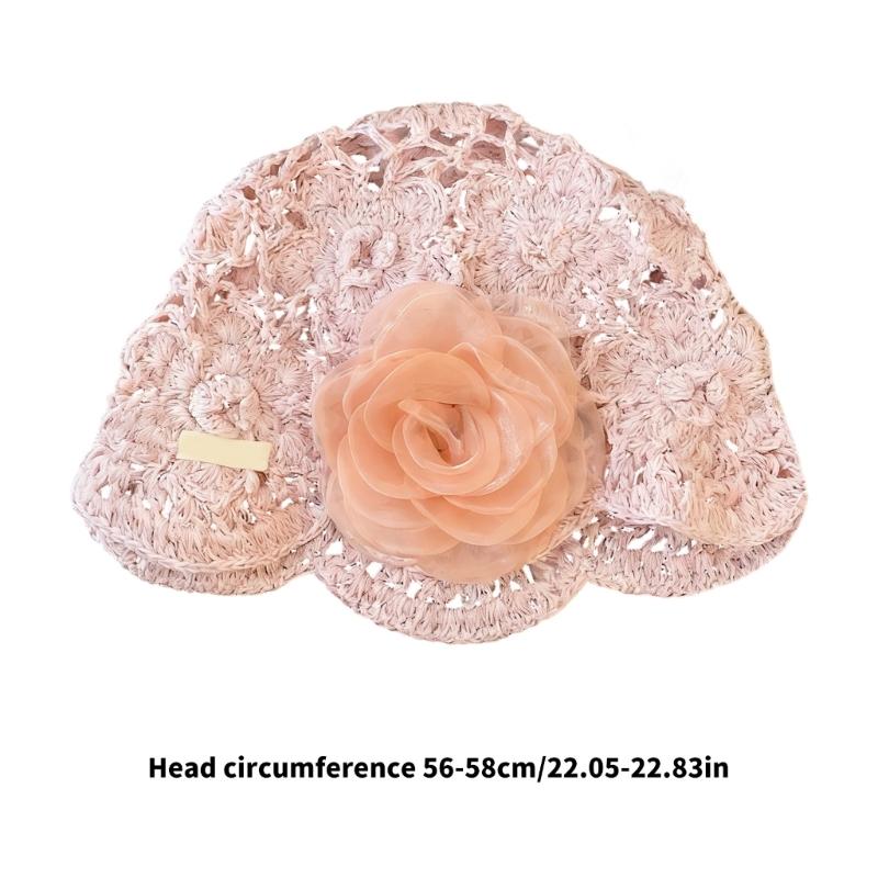 Feminine Openwork Knitted Creative Hat CapIncluding Shaped Dimensional Flowers In Soft Pink Or Beige
