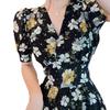 Floral mid-length French new princess dress, V-neck slimming tea break color short-sleeve slit lady vintage summer spring and autumn