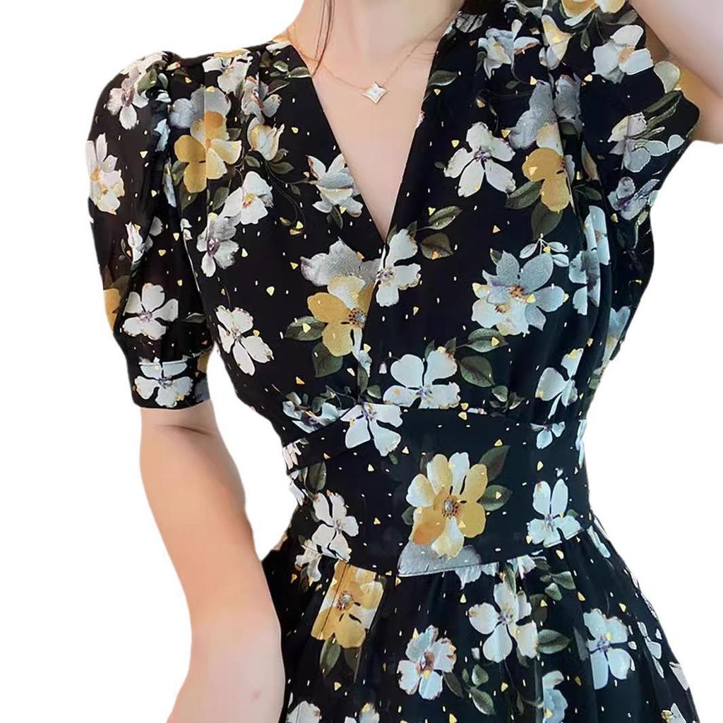 Floral mid-length French new princess dress, V-neck slimming tea break color short-sleeve slit lady vintage summer spring and autumn