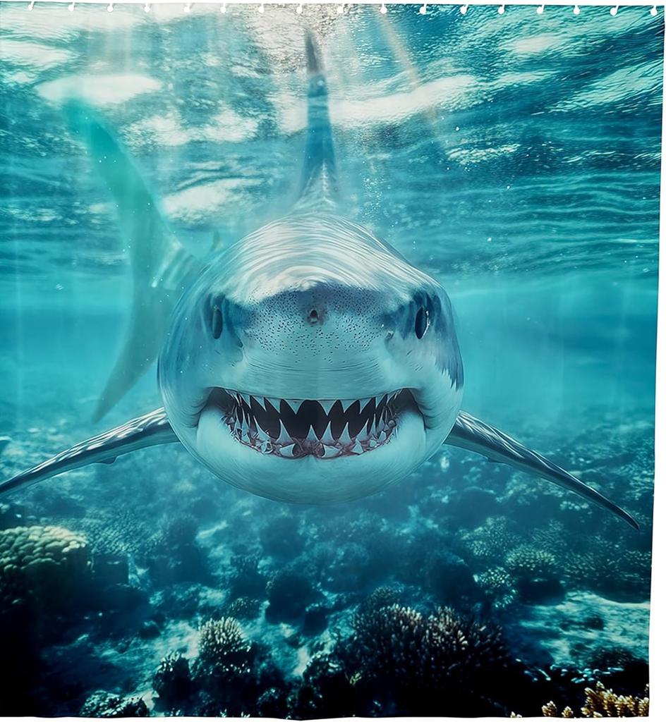 Shark Shower Curtain, 3D Shark Bath Curtain, Sea Animals Bathtub Shower Curtain Ocean Sea Wave Shower Stall Curtain Blue White