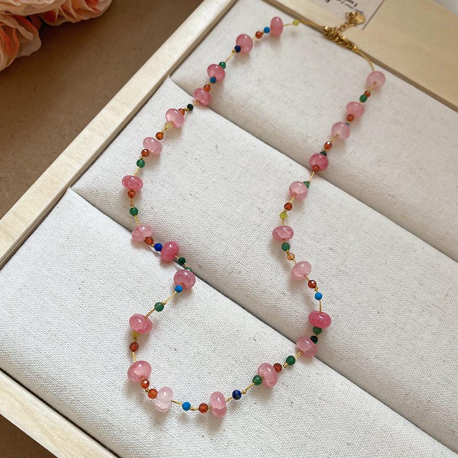 Stainless steel agate crystal beaded necklace small fresh and sweet temperament collarbone chain niche design neck chain