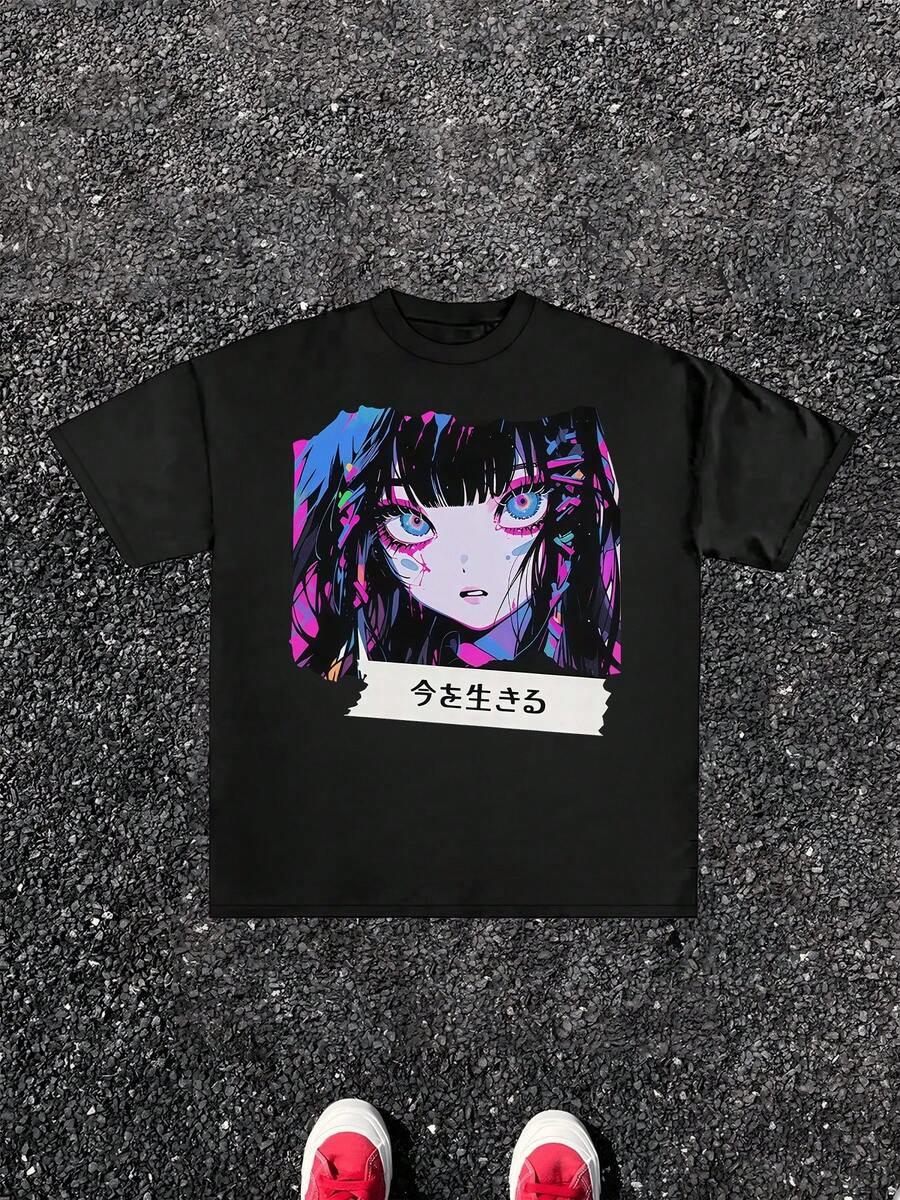 1pcs Men Neon Abstract Graphic Tee Print T Shirt Live In The Moment 100% Cotton T Shirt Streetwear S разноцветный