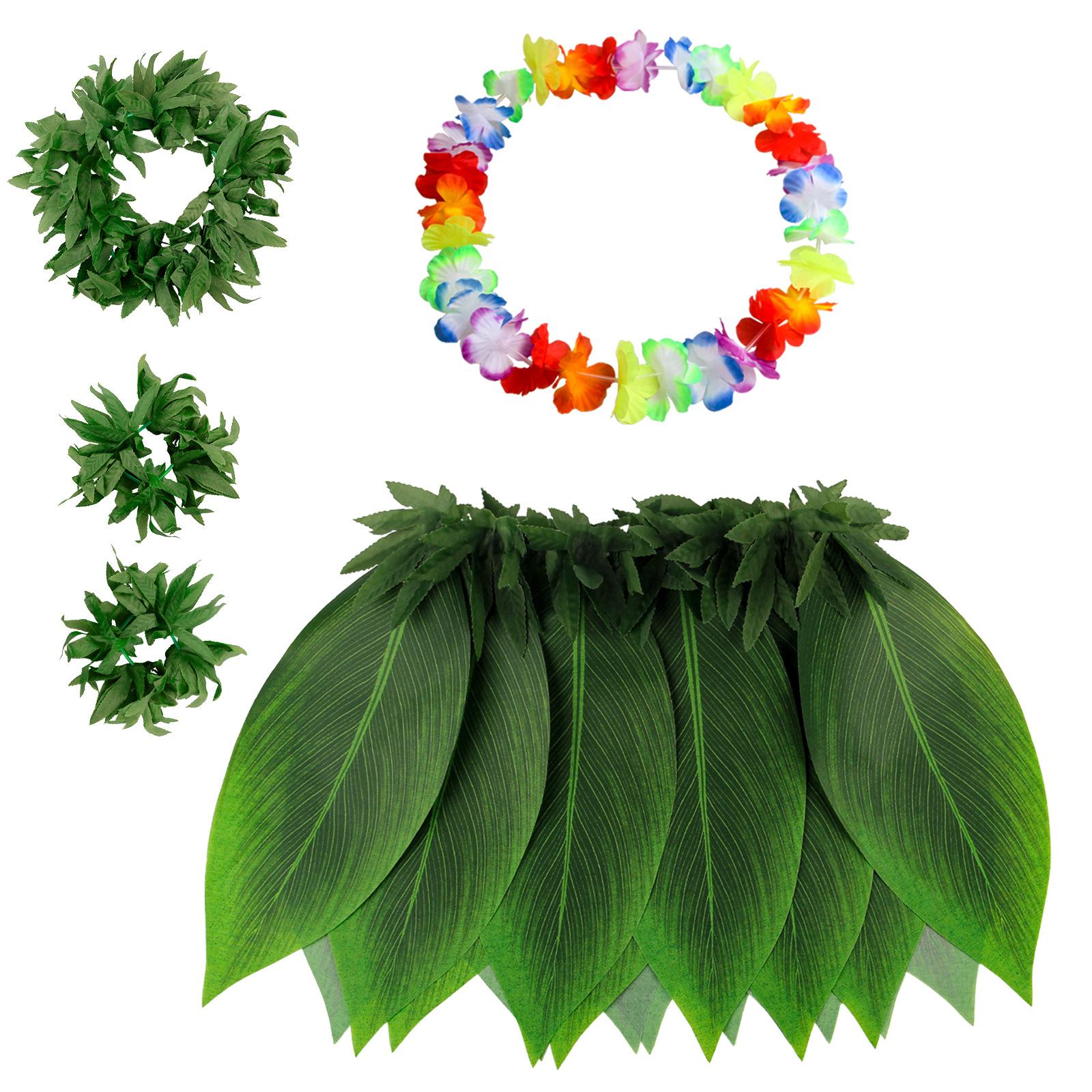 Tropical Hawaiian Party Garland Headband Wristband Simulated Leaf Skirt Five Piece Costume Set