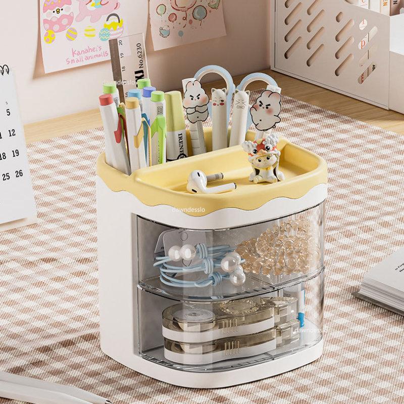Practical Multi-Functional Desk Organizer Pen Holder Double Layers Rotating Pencils Storage Rack Student Cosmetics Storage Shelf