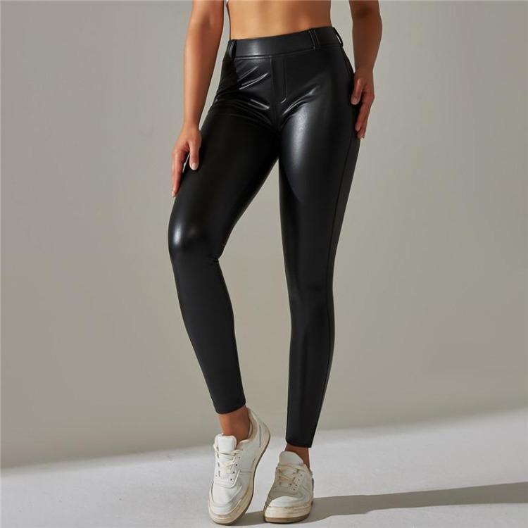 Teplé zimní PU kožené jógové kalhoty jednobarevné posilovací legíny s kapsami sportovní fitness legíny