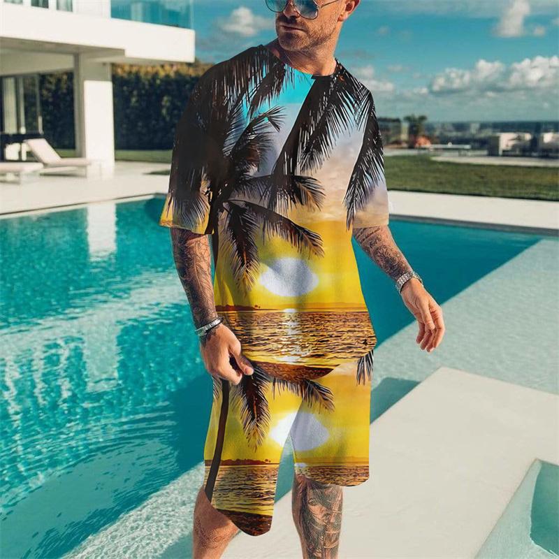 Summer Tribal Printed Men's T-shirt Set Round Neck T-shirts 2 Piece