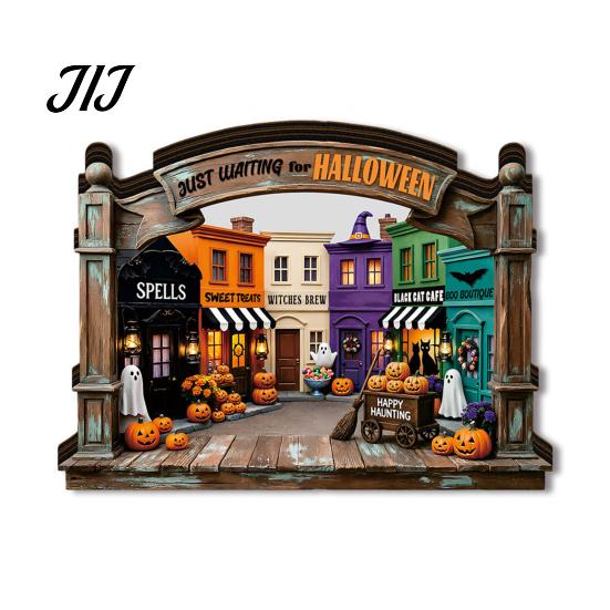 LED Halloween Scenes Vintage Glowing Wooden Tabletop Decor, Light Up 3D Scene Display Spooky Desktop Ornaments for Party, Festive Home Ornament Tiered