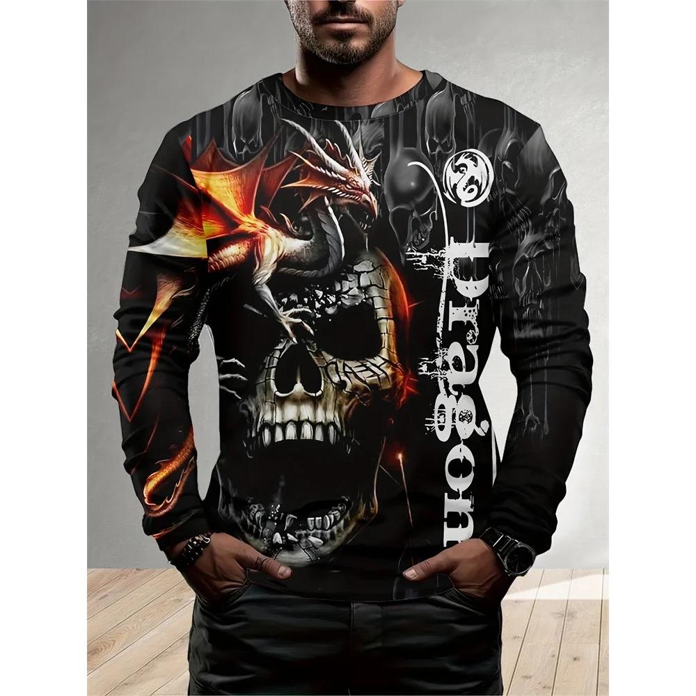 Spring and Autumn Round Neck Animal Pattern 3D Printed Top Fashionable Casual Long Sleeved Men's T-shirts