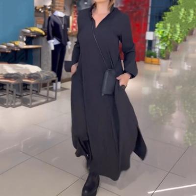Women's Fashion Spring Fall Solid Color Print Long Sleeve POLO Neck Loose Waistline Casual Dresses