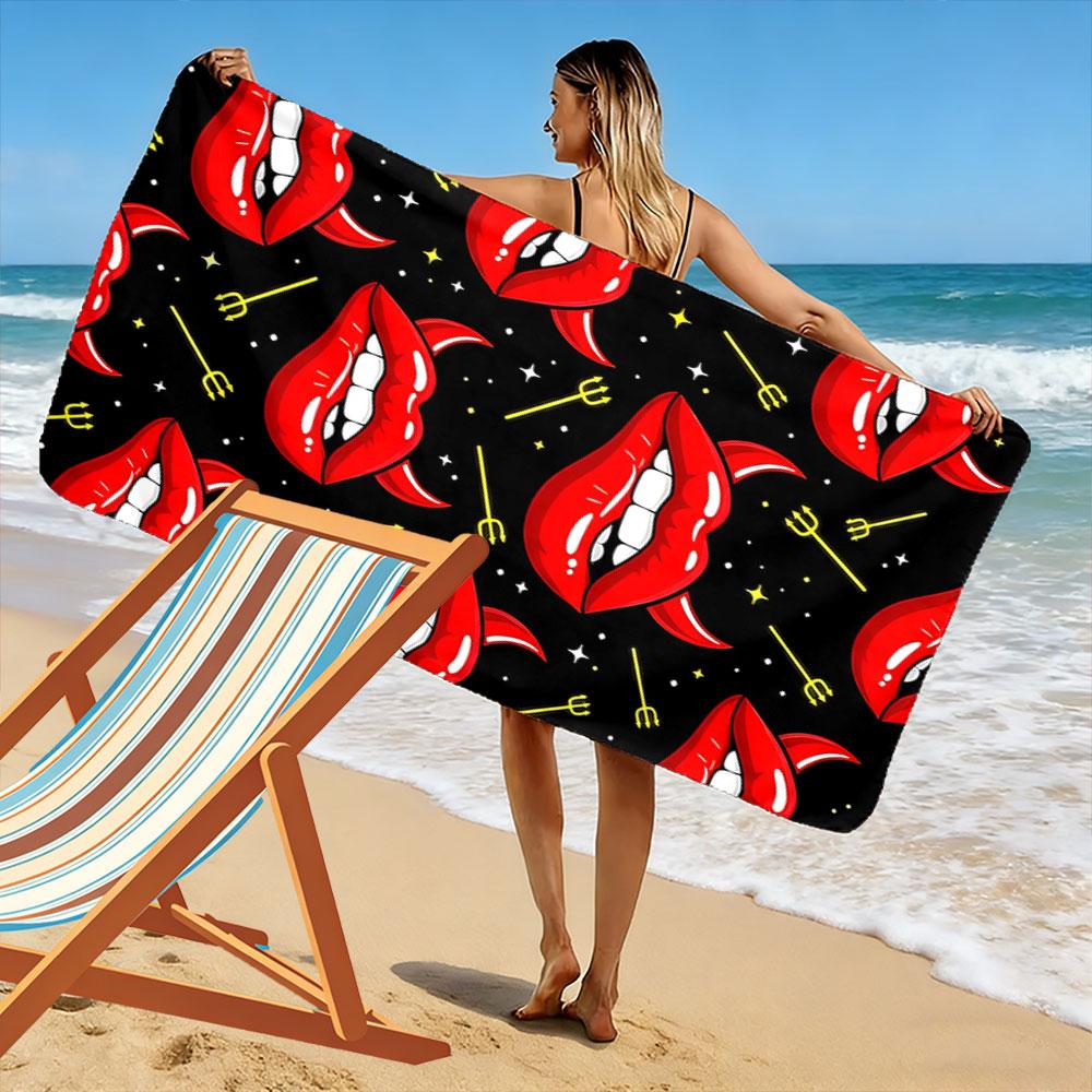Fiery Lips with Attitude Print Beach Towel, Quick Drying, Suitable for Travel, Outdoor Sports, Jogging, the Beach and Swimming, Gift