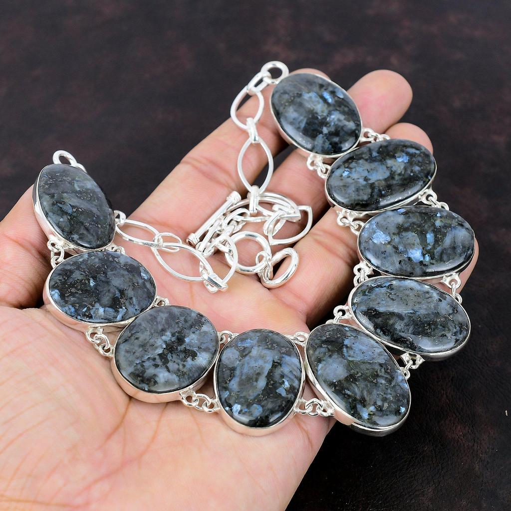 Collana Larvikite Gioielli antichi Collana in argento sterling 925 Collana a catena regolabile fatta a mano Gioielli originali con pietre preziose Regalo per un amico