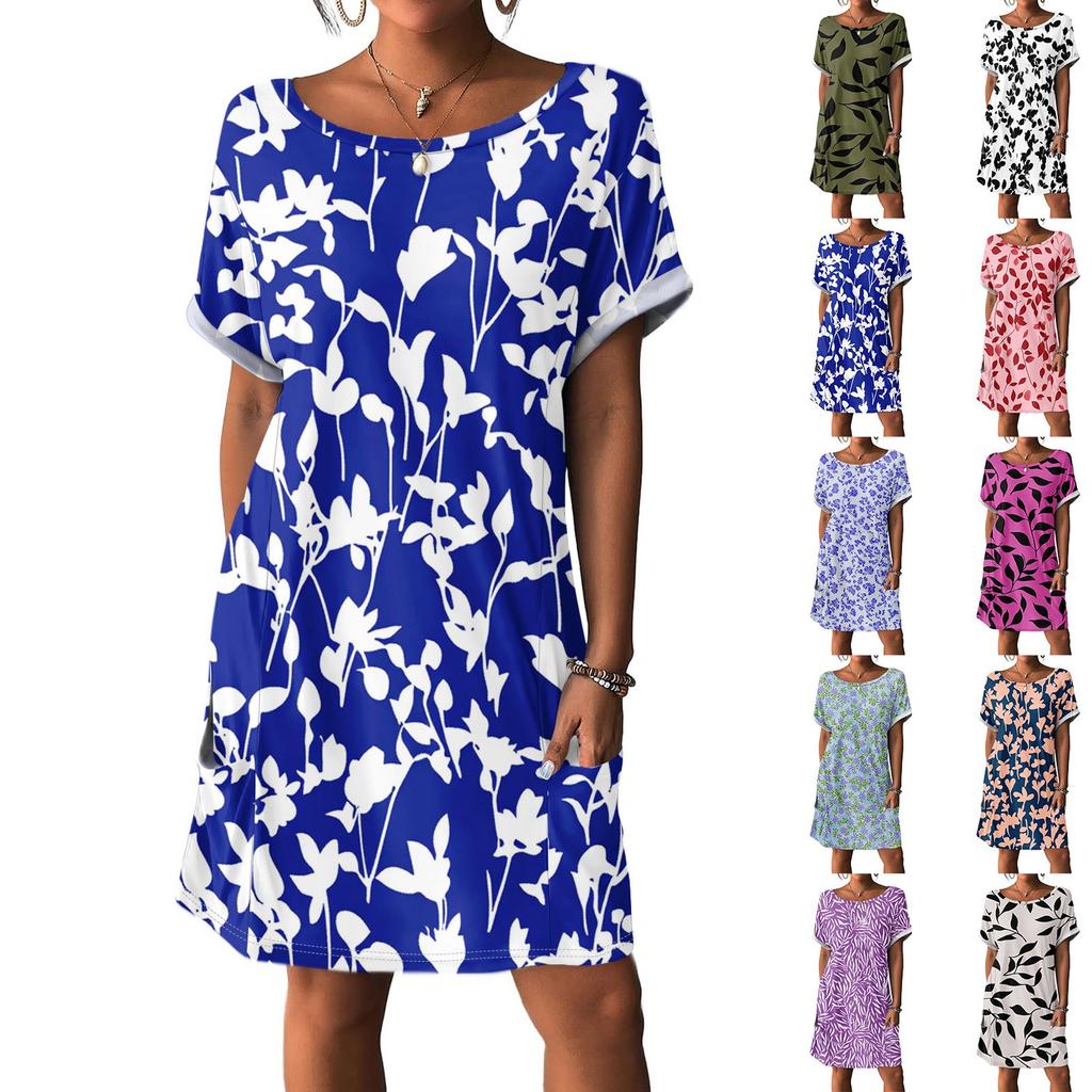 Women's Fashion Short Sleeve Dress With Pockets Floral Print Casual Beach Dress