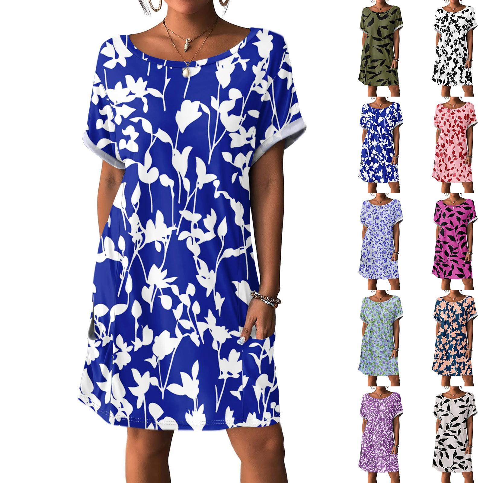 

Women s Fashion Short Sleeve Dress With Pockets Floral Print Casual Beach Dress L