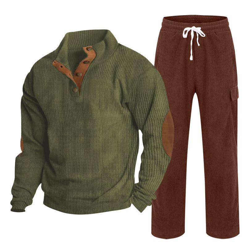 Herren Herbst/Winter Neuankömmling Sportbekleidung Zweiteiliges Set Cord Knopfleiste Henley Oberteil und Straight-Leg Hose Lässiges Ensemble