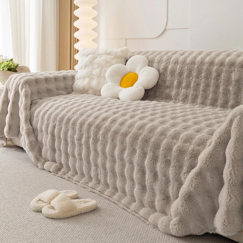Luxury Faux Fur Sofa Covers for Living Room Warm Winter Super Soft Plush Couch Covers Bubble Shaped Thick Slipcover Sofa Towel