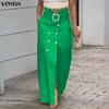 Women Vintage Belt Button Design Slit Skirts