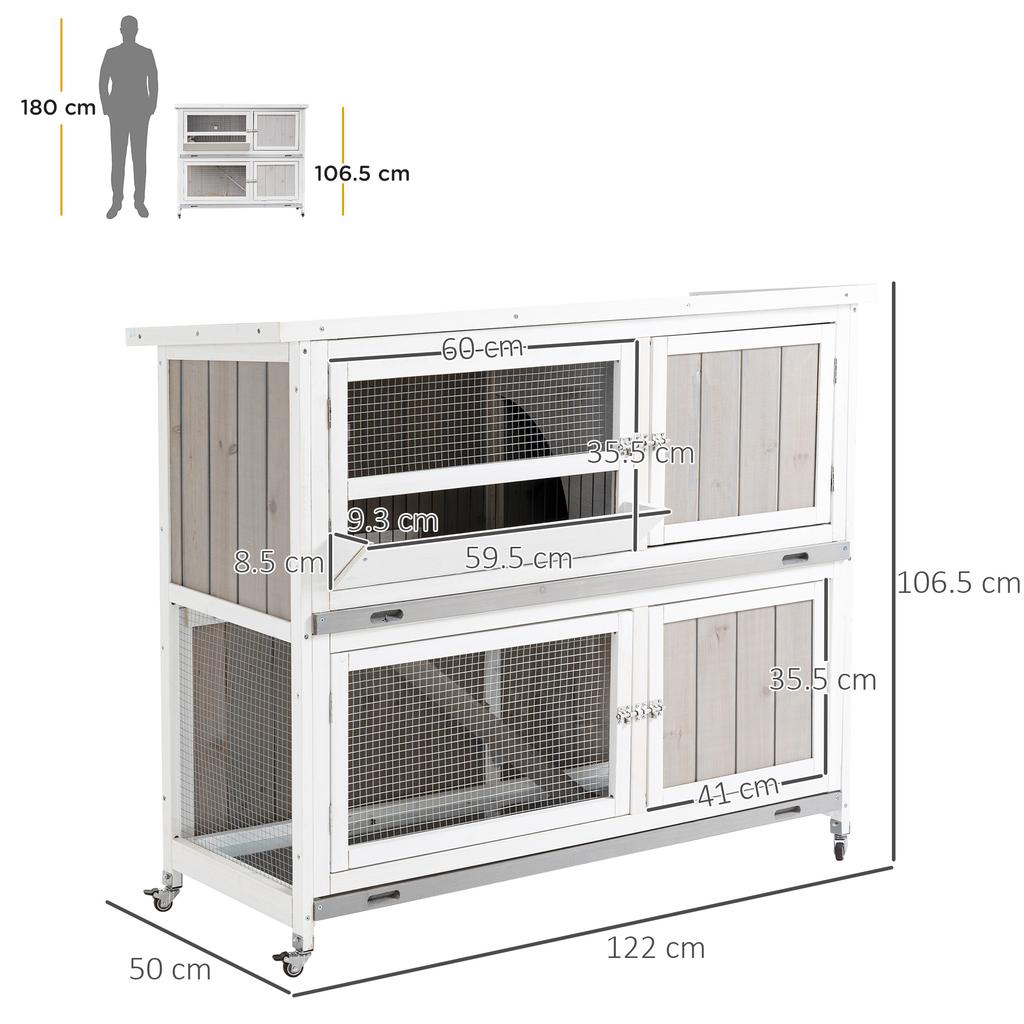 Wooden Pet Hutch, Two-Tier Cage with Rain Cover, Wheels, White