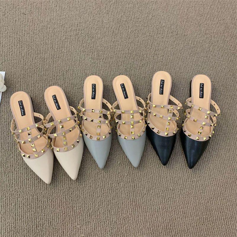 French High-end Temperament Cool Slippers Women's Spring and Summer Outer Wear Flat Bottom 2025 Korean Version Thick Heel Pointed Head Bag Head Half S
