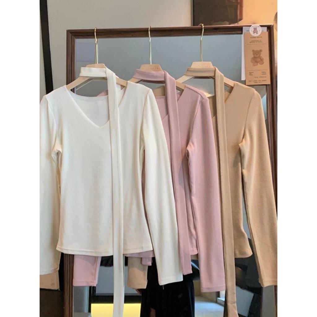 Women's Korean Long-Sleeve Pink V-Neck T-Shirt, Lace-Up, Slim Fit, Trendy Hot Girl Style, Perfect for Spring & Autumn.