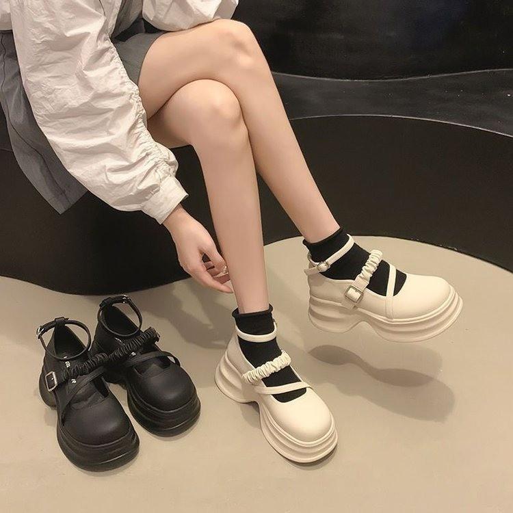 Thick-soled height increase Mary Jane small leather shoes women's 2025 spring and autumn new Korean version one-word buckle with light mouth thick hee