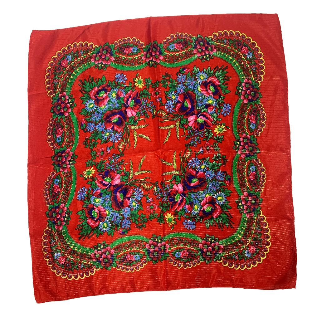 70Cm Gold Thread Floral Printed Russian Scarf Ukrainian Shawl Babushka Square Bandana Female Head Wrap Scarf