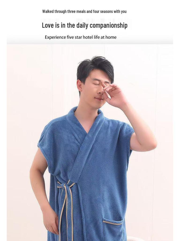 Unisex Plaid Absorbent Bath Towel Robe - Short Sleeve Couplet for Men and Women