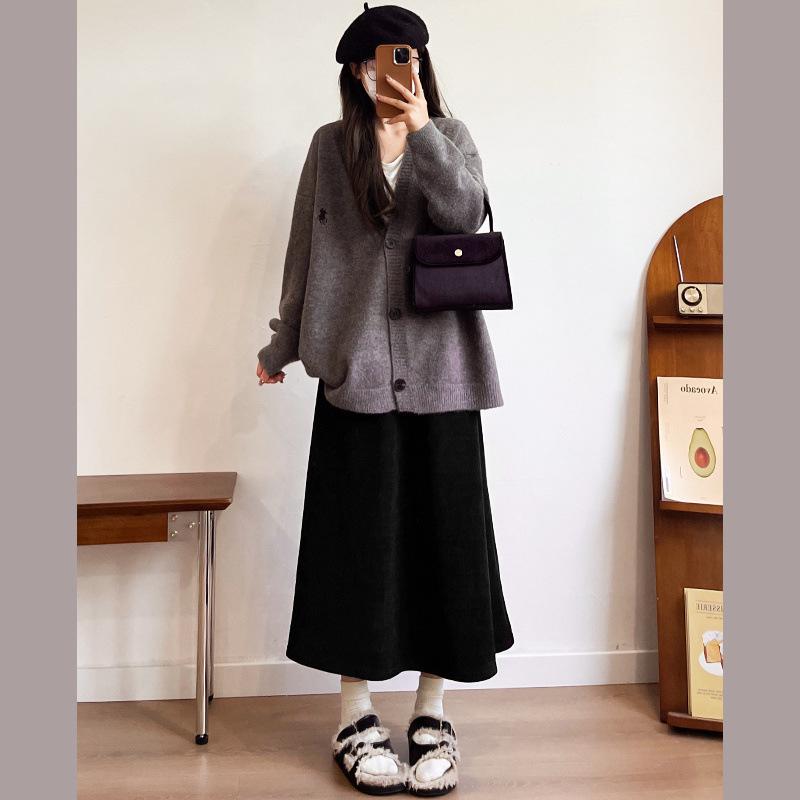 

Women s High Waist Khaki Velvet Midi Skirt - Autumn/Winter A-Line, Slim Fit, Hip-Covering with Plus Size Options L